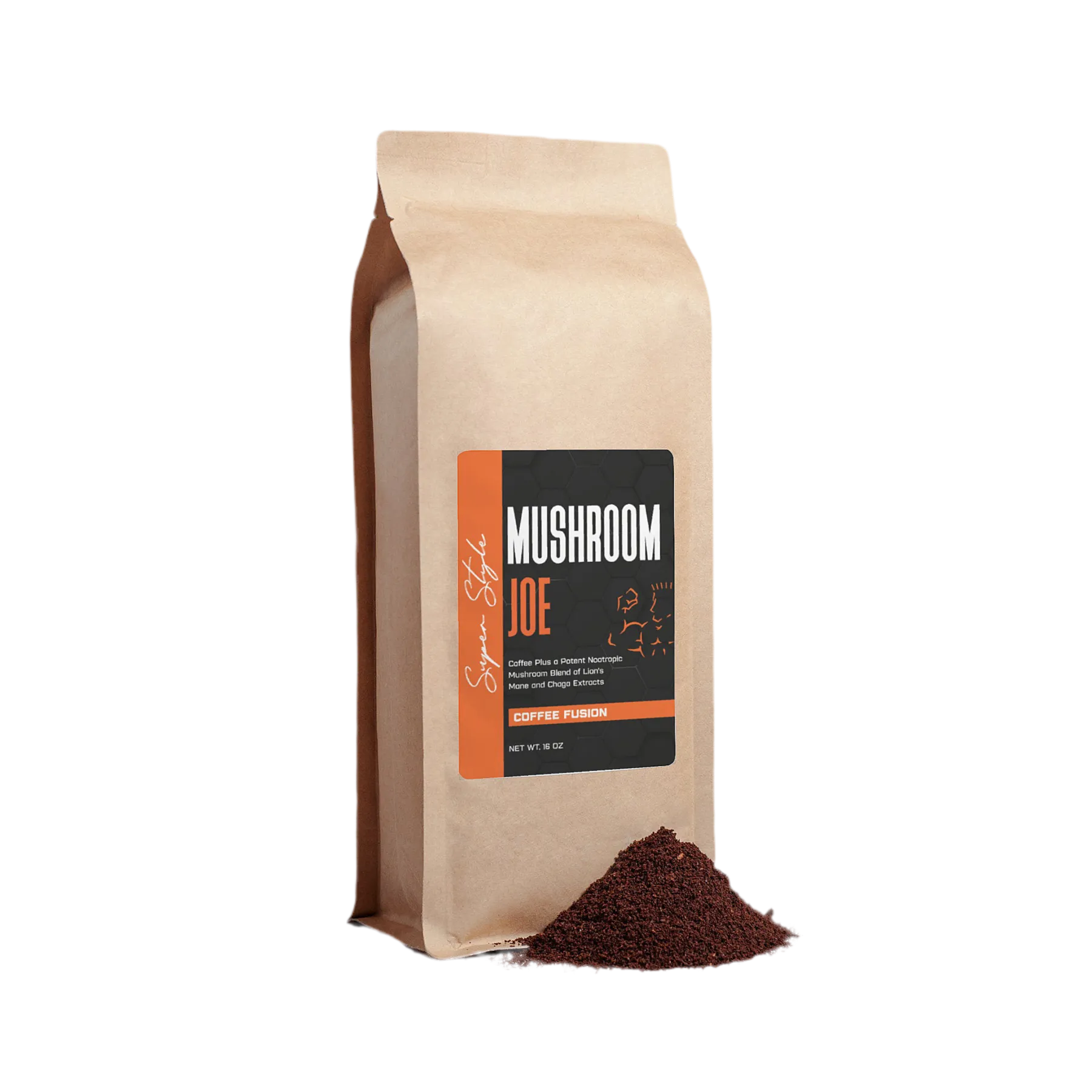 Super Style Mushroom Joe Coffee Fusion bag with ground coffee beside it, featuring an adaptogenic mushroom blend designed to boost focus, energy, and wellness.