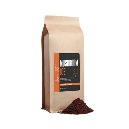 Super Style Mushroom Joe Coffee Fusion bag with ground coffee beside it, featuring an adaptogenic mushroom blend designed to boost focus, energy, and wellness.