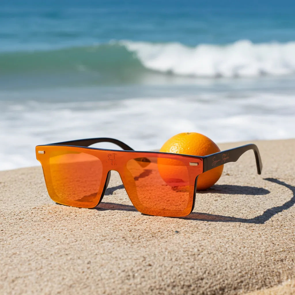 Super Style orange mirrored sunglasses resting on sandy beach beside an orange fruit with ocean waves in the background, capturing vibrant coastal lifestyle and summer fashion.