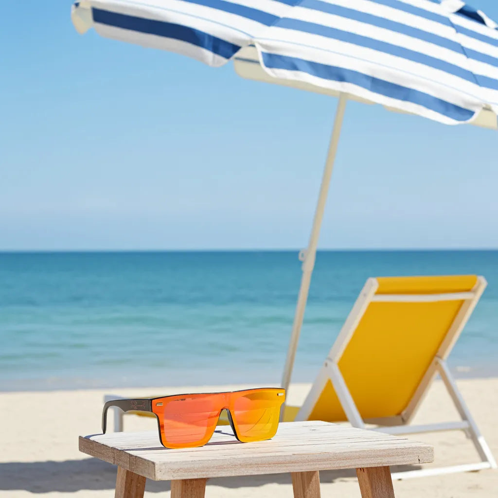 Super Style orange mirrored sunglasses resting on a wooden beach table beside a yellow lounge chair and striped umbrella, showcasing vibrant coastal fashion and summer relaxation.