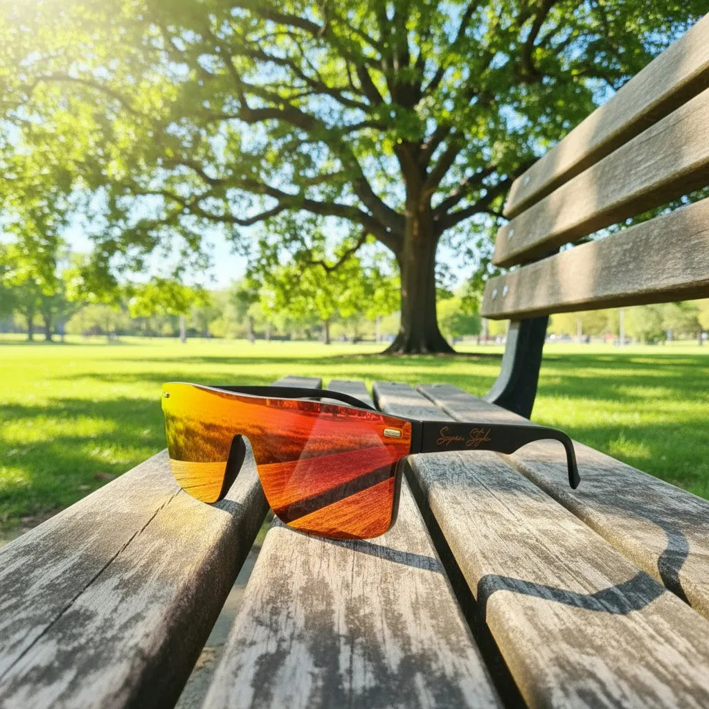Super Style orange mirrored sunglasses resting on a wooden park bench under a large tree, reflecting bright sunlight and an active outdoor lifestyle.