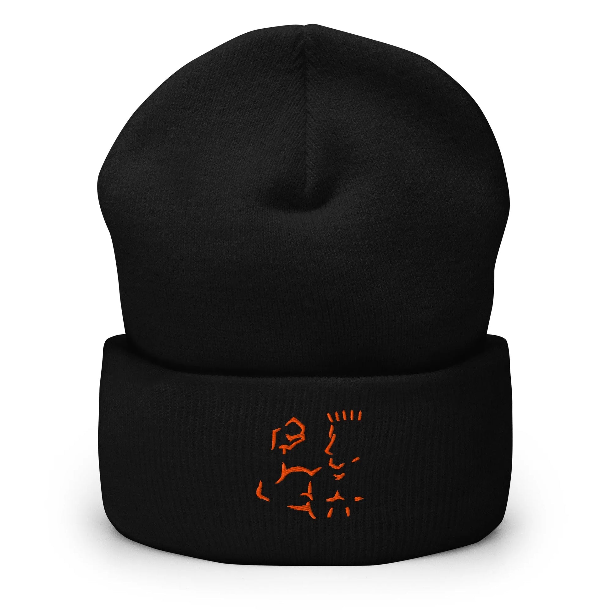 Black Super Style cuffed beanie with orange embroidered logo — front view.