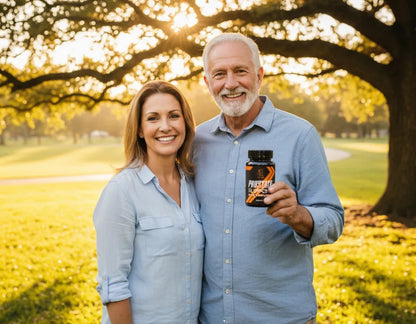 Smiling mature couple standing outdoors in warm sunlight, with the man holding a Super Style Prostate Support supplement bottle, symbolizing health, confidence, and active living.
