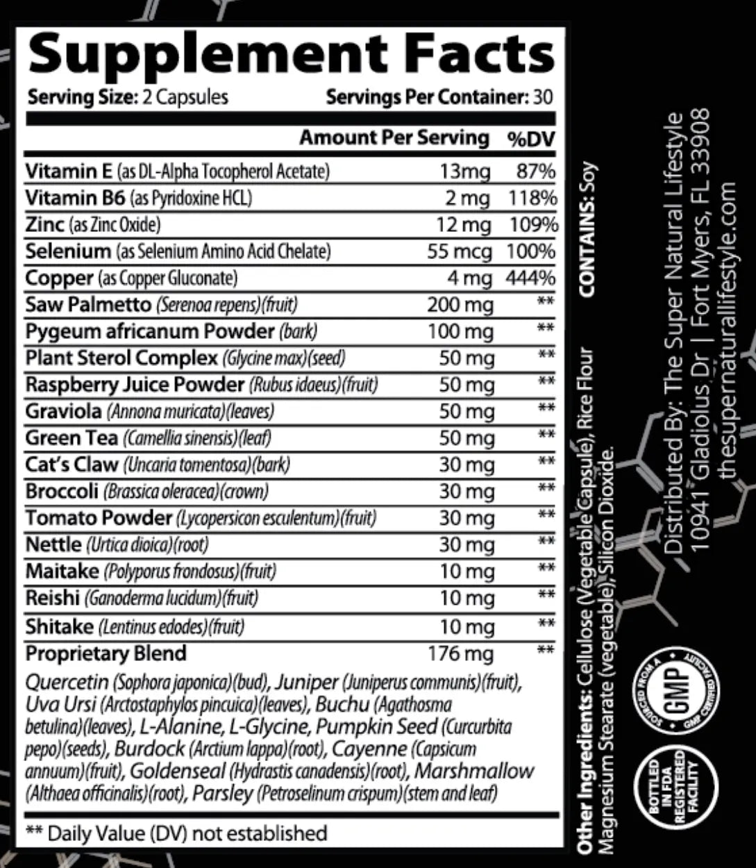 Supplement Facts label for Super Style Prostate Support veggie capsules