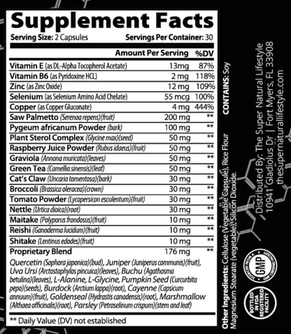 Supplement Facts label for Super Style Prostate Support veggie capsules