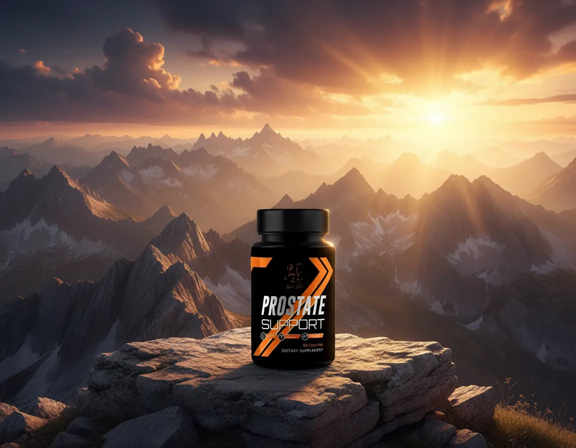 Super Style Prostate Support dietary supplement bottle displayed on a mountain peak at sunrise, symbolizing natural strength, vitality, and men’s health support.