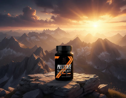 Super Style Prostate Support dietary supplement bottle displayed on a mountain peak at sunrise, symbolizing natural strength, vitality, and men’s health support.
