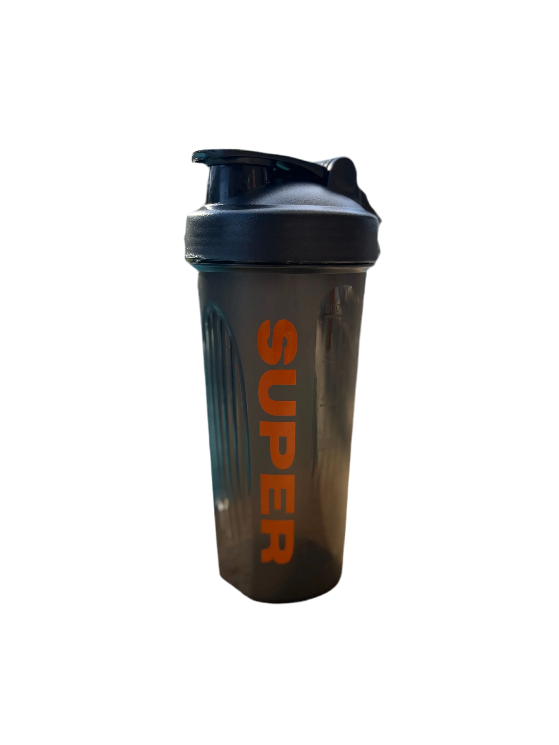 Super Style black protein shaker bottle with orange logo, designed for mixing supplements and protein shakes at the gym or on the go.