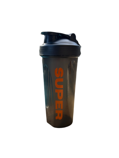Super Style black protein shaker bottle with orange logo, designed for mixing supplements and protein shakes at the gym or on the go.