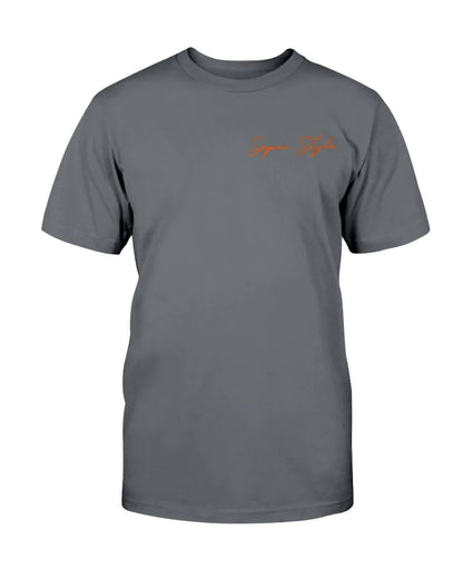 Dark gray tee front with orange logo