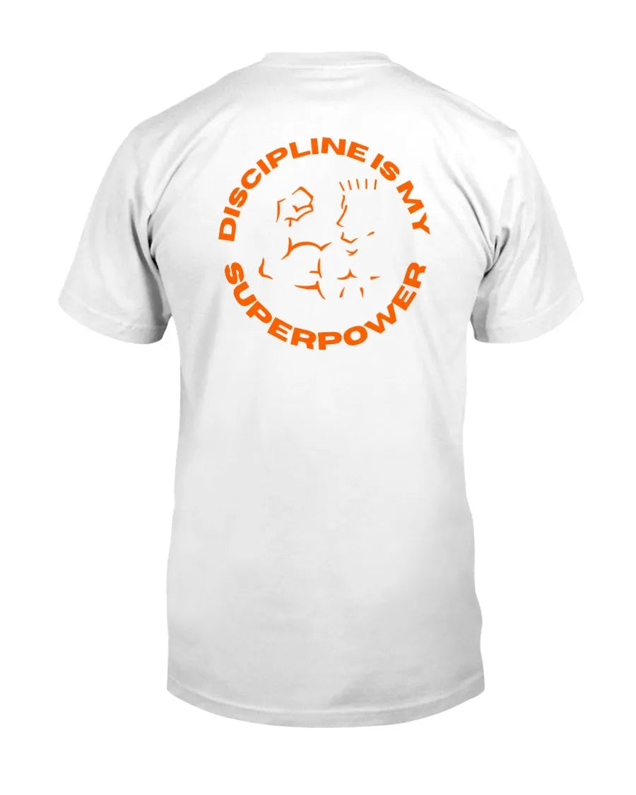Back of white tee with orange graphic.