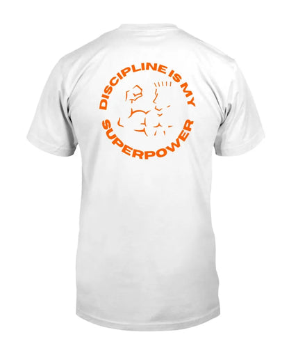 Back of white tee with orange graphic.