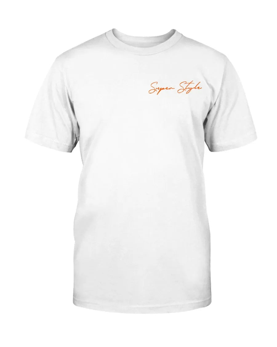 White tee front with orange logo