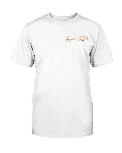 White tee front with orange logo