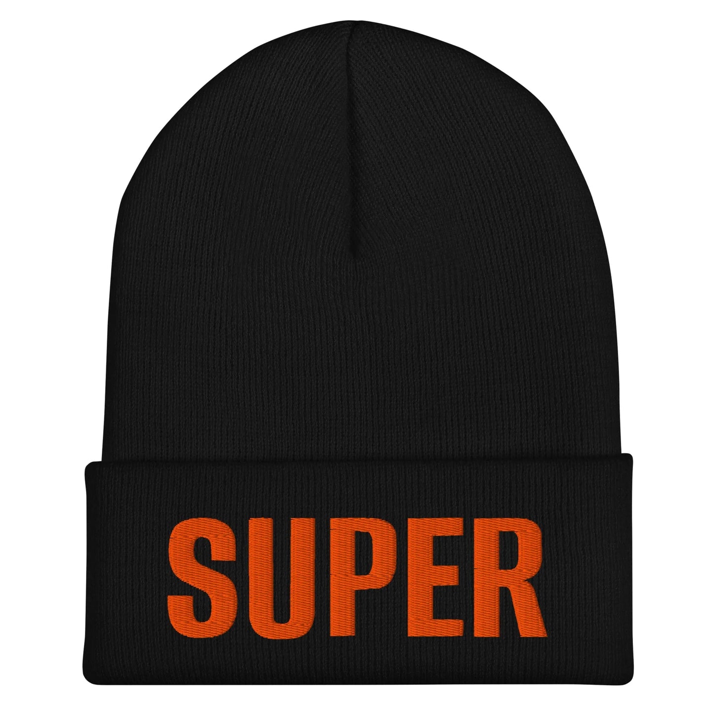 Black SUPER cuffed beanie back view with clean knit design