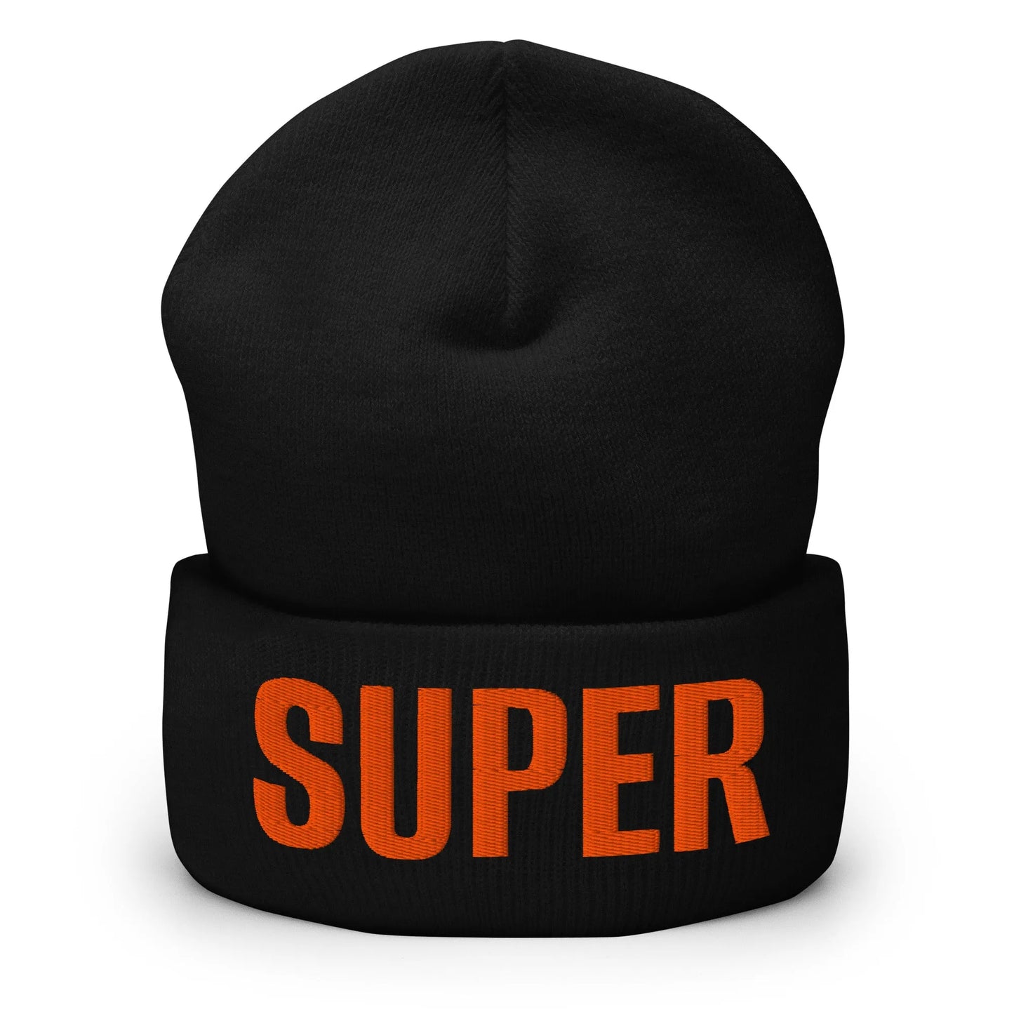 Black SUPER cuffed beanie front view with bold orange SUPER embroidery on the cuff