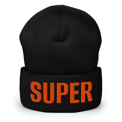 Black SUPER cuffed beanie front view with bold orange SUPER embroidery on the cuff