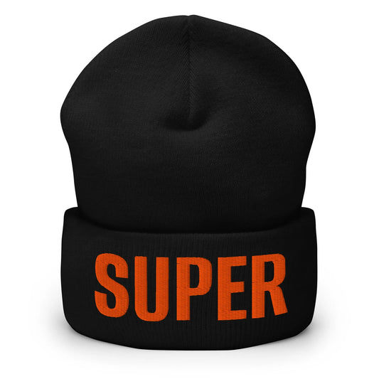Black SUPER cuffed beanie front view with bold orange SUPER embroidery on the cuff