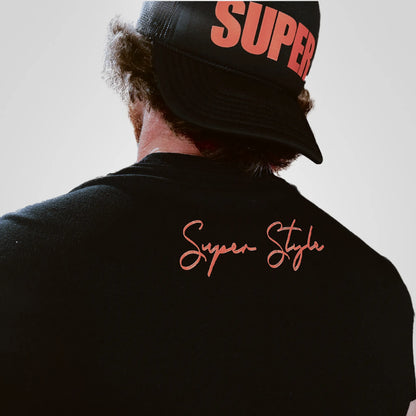 Back view of white Super Core Tee on model with tailored fit