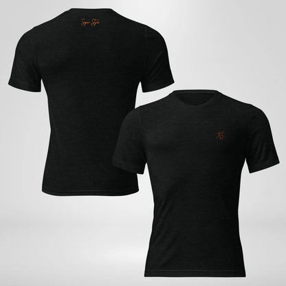 Black Super Core Tee front and back view showing minimalist chest logo and back Super Style script