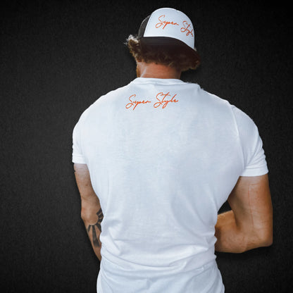 Lifestyle shot of Super Core Tee from back with Super Style hat