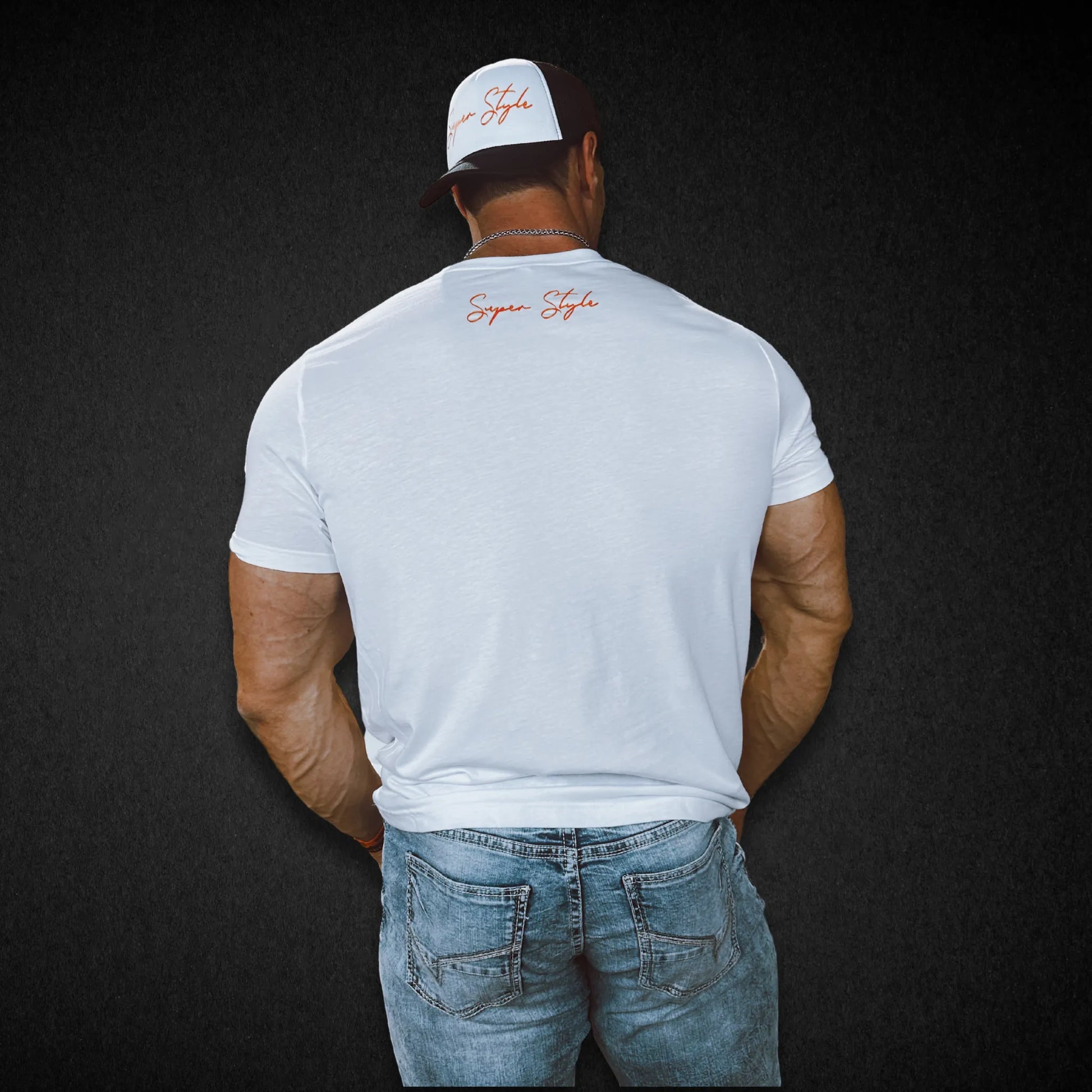 Back view of white Super Core Tee on model with tailored fit