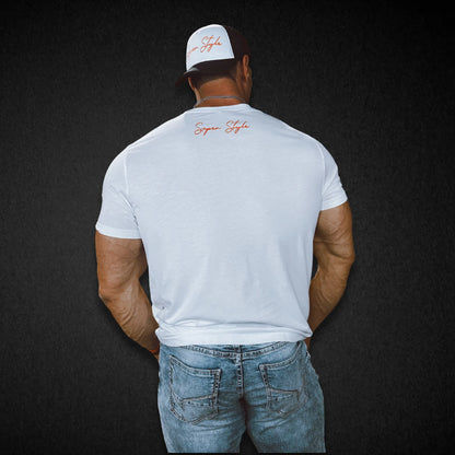 Back view of white Super Core Tee on model with tailored fit