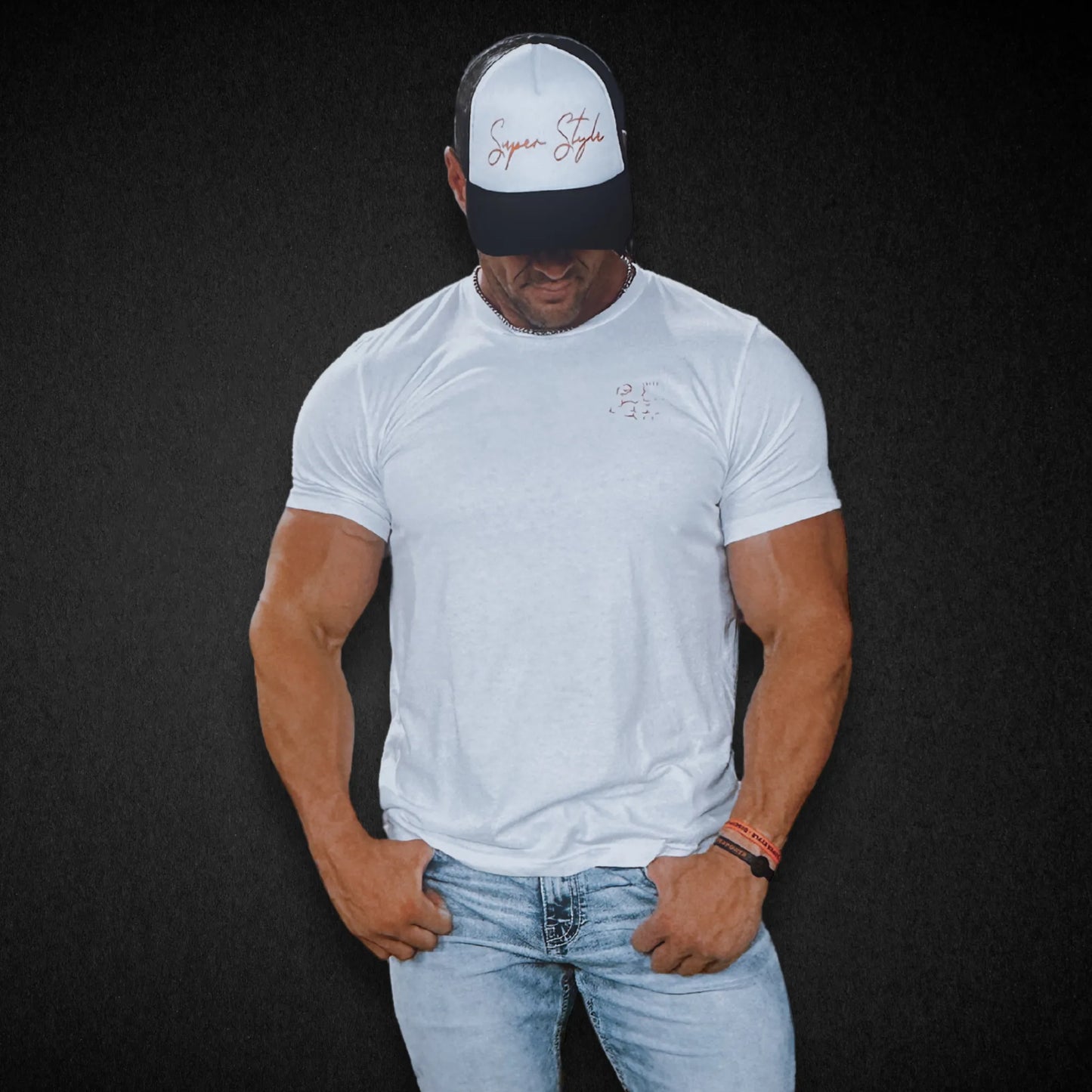 Super Core Tee white front view on model showcasing tailored fit