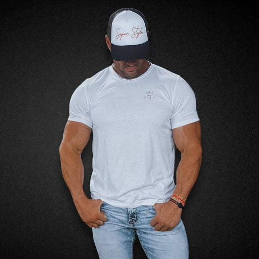 Super Core Tee white front view on model showcasing tailored fit