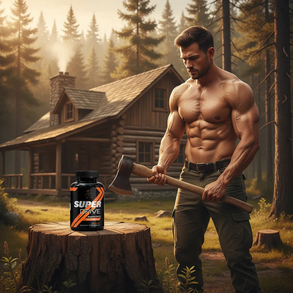Fit man holding an axe beside a Super Style Super Drive supplement bottle in front of a rustic log cabin, symbolizing masculine strength, vitality, and outdoor lifestyle energy.