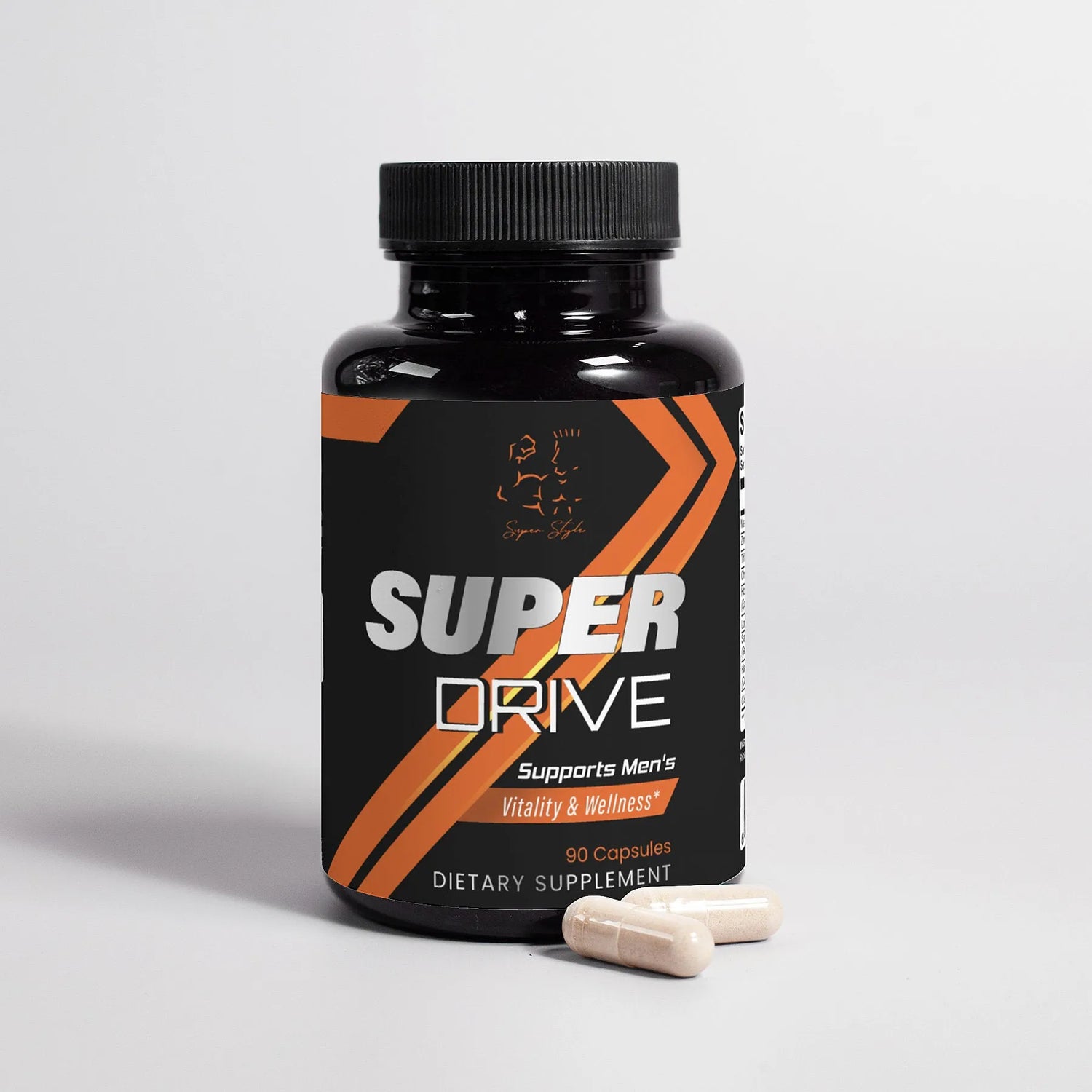 Super Style Super Drive men’s vitality & wellness supplement bottle, 90 capsules.