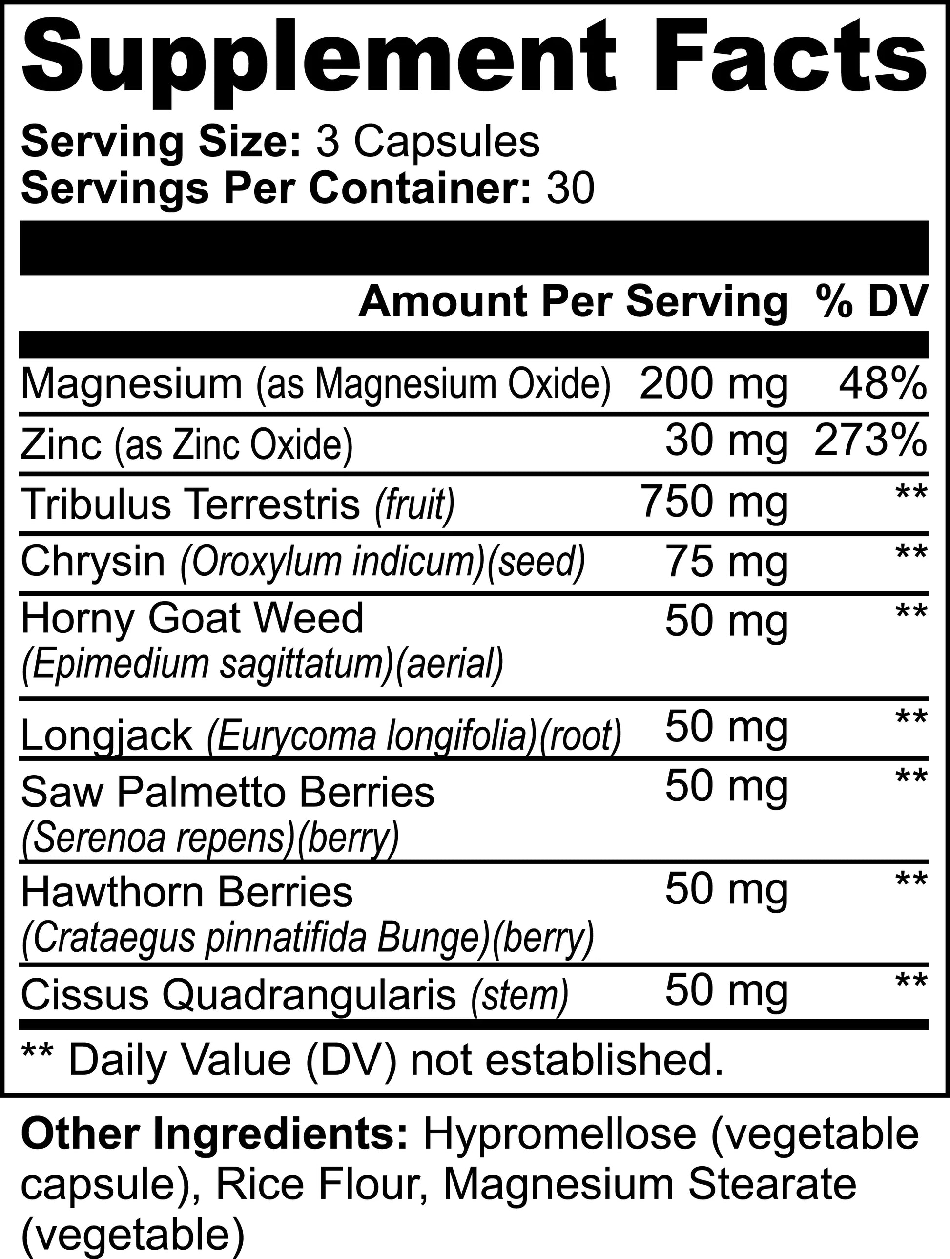 Supplement Facts panel for Super Drive; serving size 3 capsules; 30 servings; magnesium, zinc, tribulus, and botanicals.