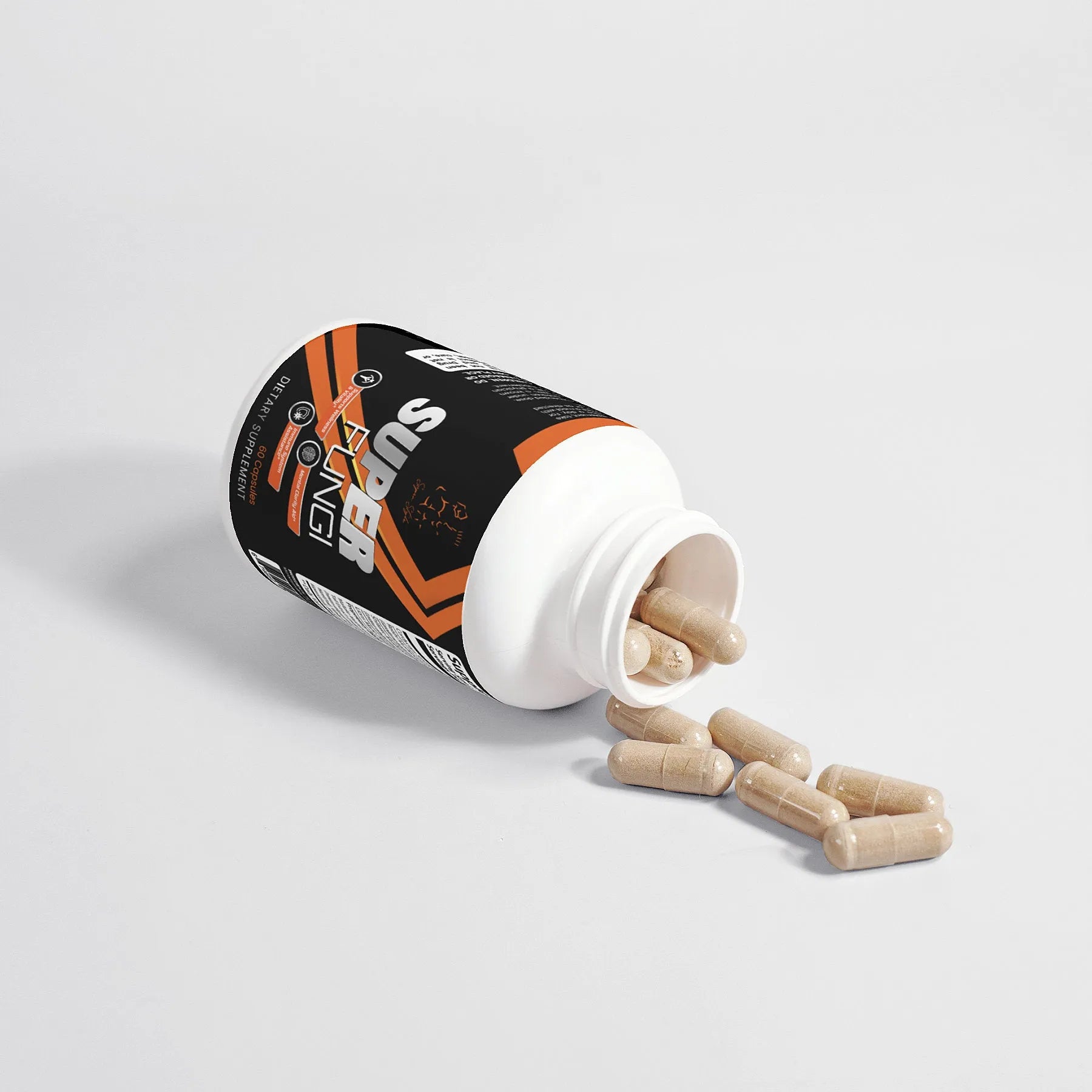 Super Style Super Fungi supplement bottle tipped over with capsules spilling out, highlighting the premium mushroom-based formula designed for energy, focus, and immune system support.
