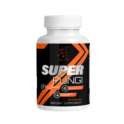 Super Style Super Fungi dietary supplement bottle featuring mushroom blend formula designed to support immune system health, vitality, and mental clarity.