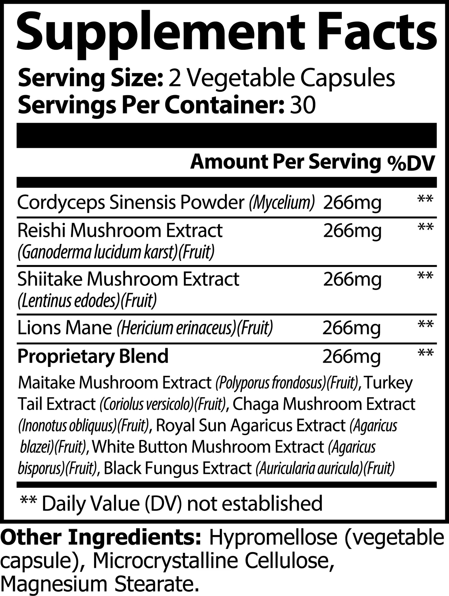 Supplement Facts for Super Fungi: serving size 2 vegetable capsules; 30 servings; listed mushroom extracts.
