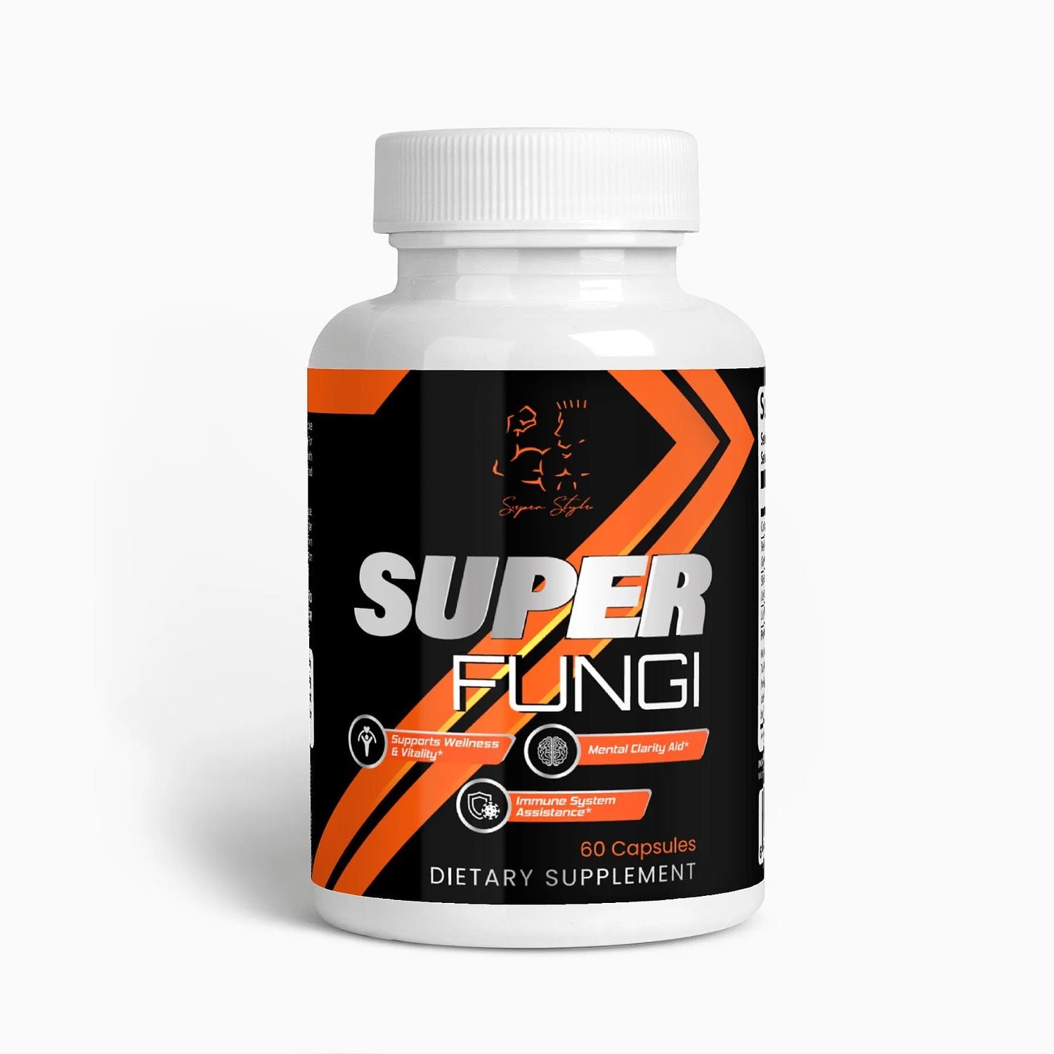 Front label view of Super Style Super Fungi dietary supplement bottle with black and orange design, featuring 60 capsules formulated for immune support, mental clarity, and overall wellness.