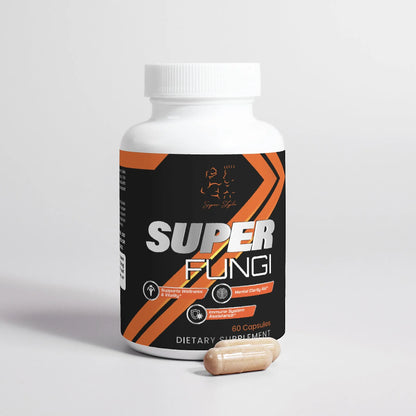 Front view of Super Style Super Fungi dietary supplement bottle with capsules, featuring bold black and orange label design promoting immune support, cognitive health, and natural energy enhancement.