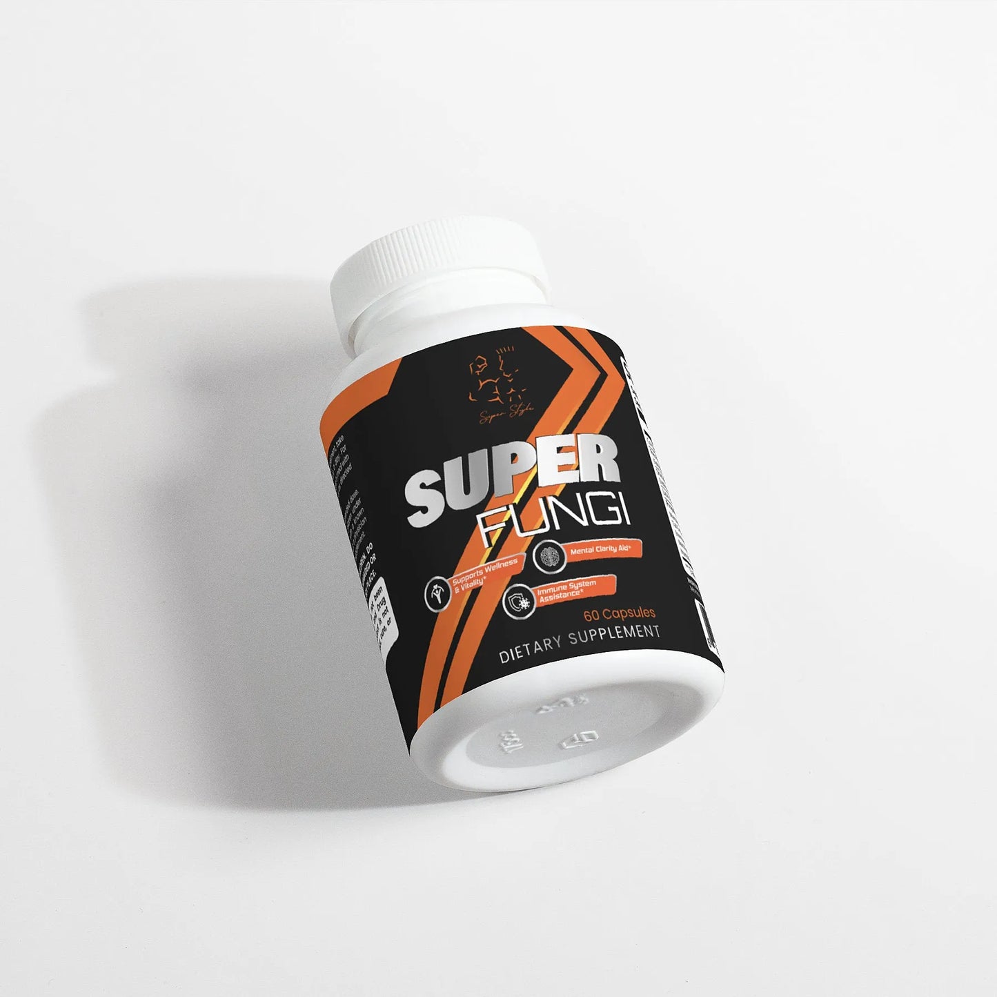 Super Style Super Fungi dietary supplement bottle featuring black and orange label design, containing 60 capsules formulated to support energy, focus, and immune health with natural mushroom extracts.
