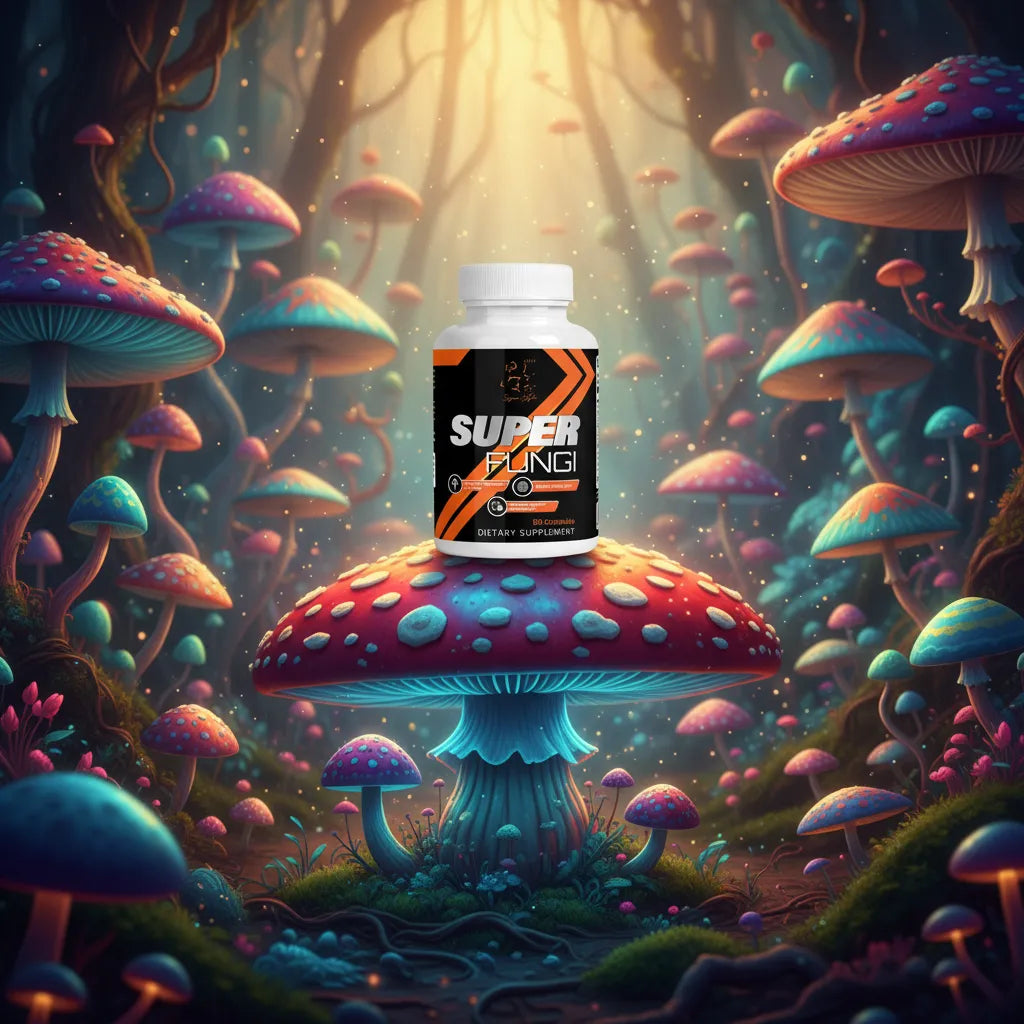 Super Style Super Fungi dietary supplement bottle displayed on a colorful mushroom in a fantasy forest background