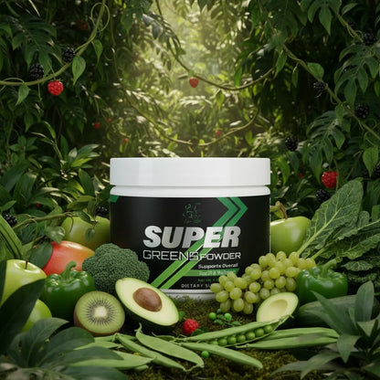 Super Style Super Greens powder supplement container surrounded by avocado, kiwi, broccoli, grapes, and leafy greens