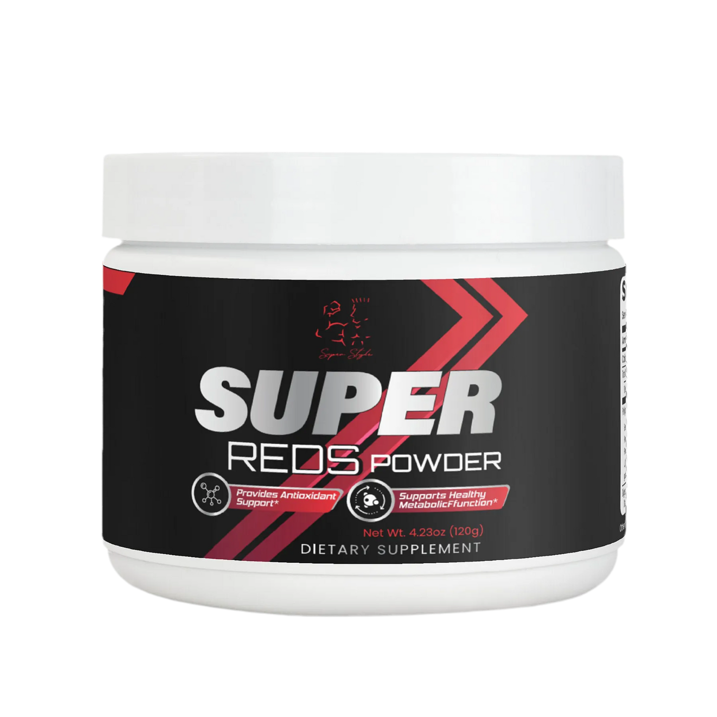 Super Style Super Reds Powder dietary supplement container providing antioxidant support and promoting healthy metabolic function.