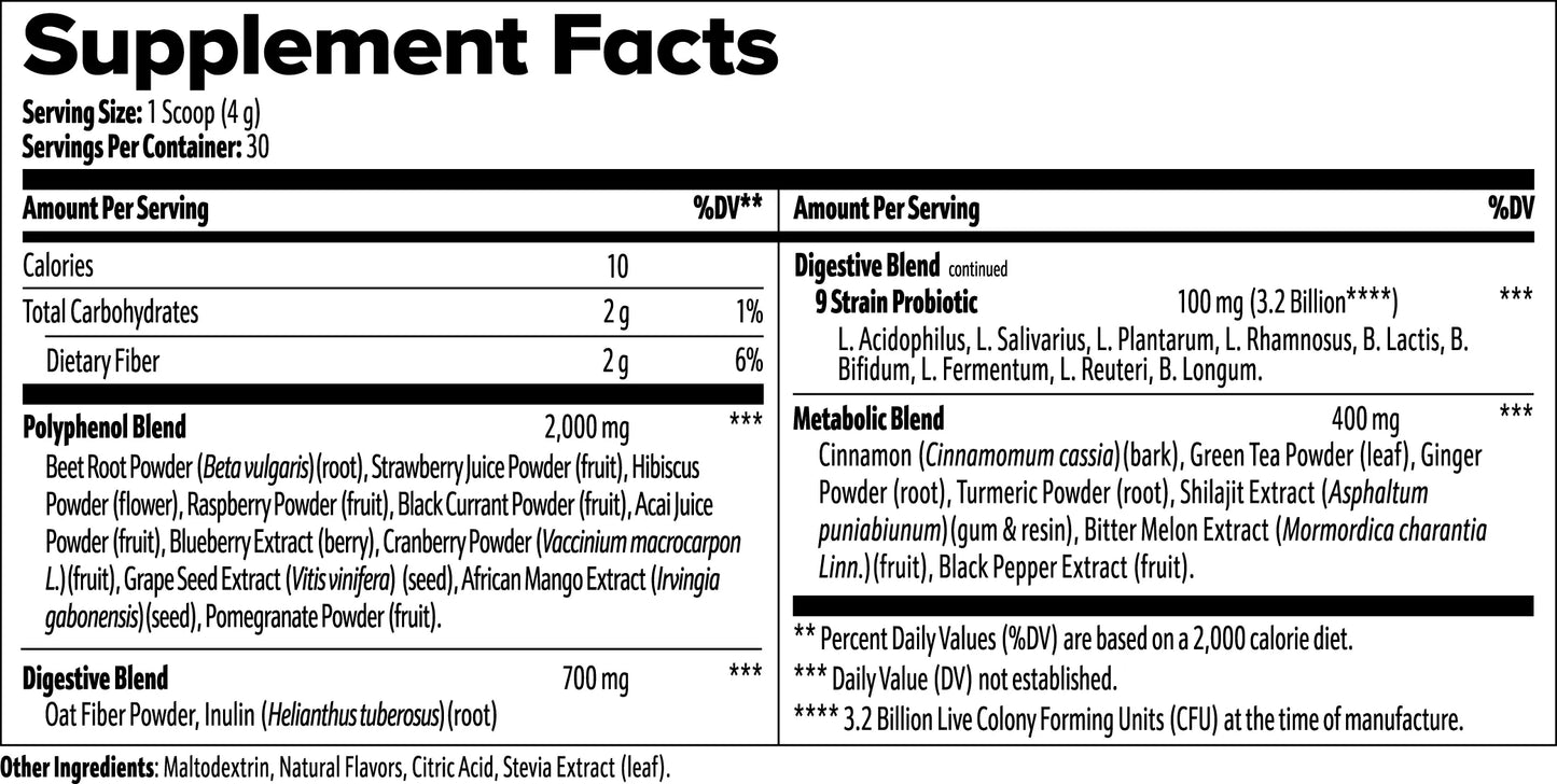 Back label of Super Reds Powder supplement jar with usage and ingredient information.