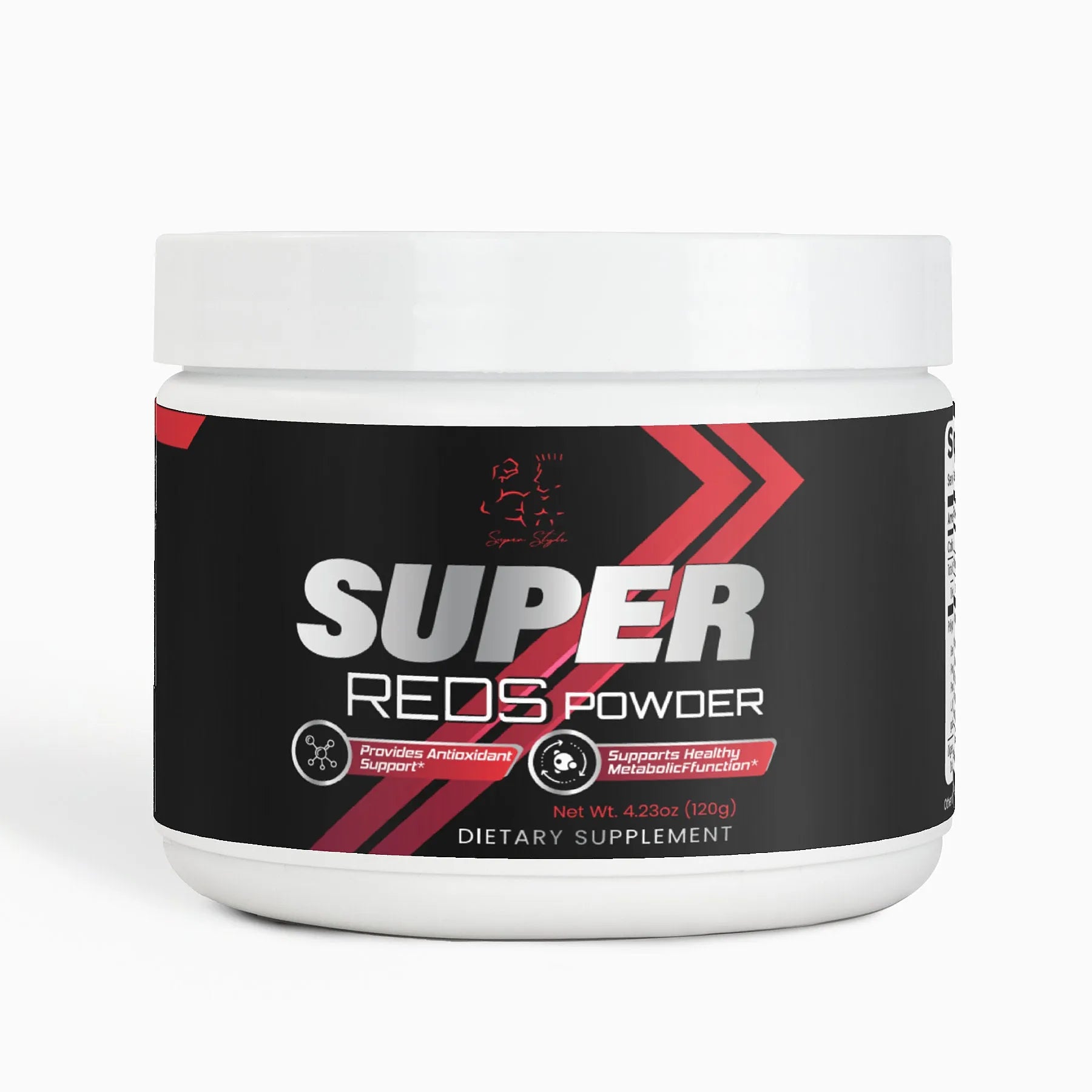 Super Reds Powder jar front label with black and red Super Style design.