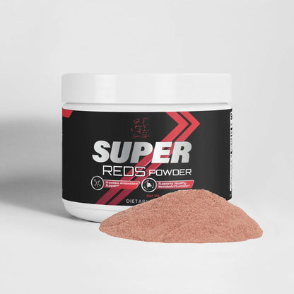 Super Reds Powder jar next to a pile of red powder.