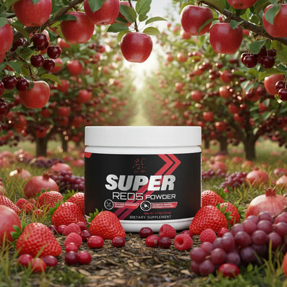 Super Style Super Reds powder supplement container surrounded by apples, strawberries, grapes, and cherries in fruit orchard