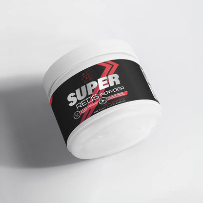 Super Reds Powder supplement jar tilted on its side showing label