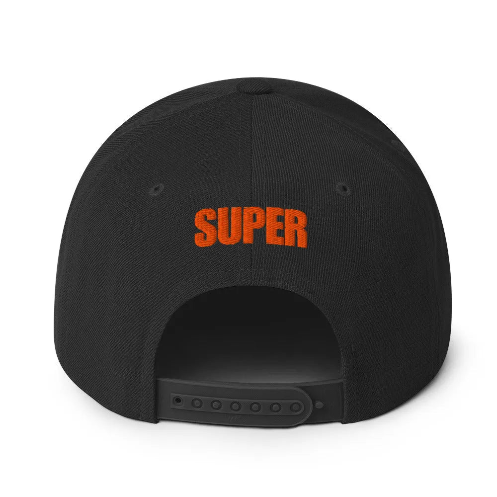 Black snapback hat with adjustable snap closure — back view.