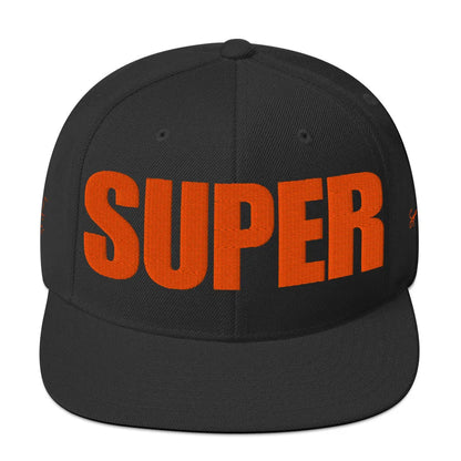 Black snapback hat with oversized orange ‘SUPER’ embroidery — front view.