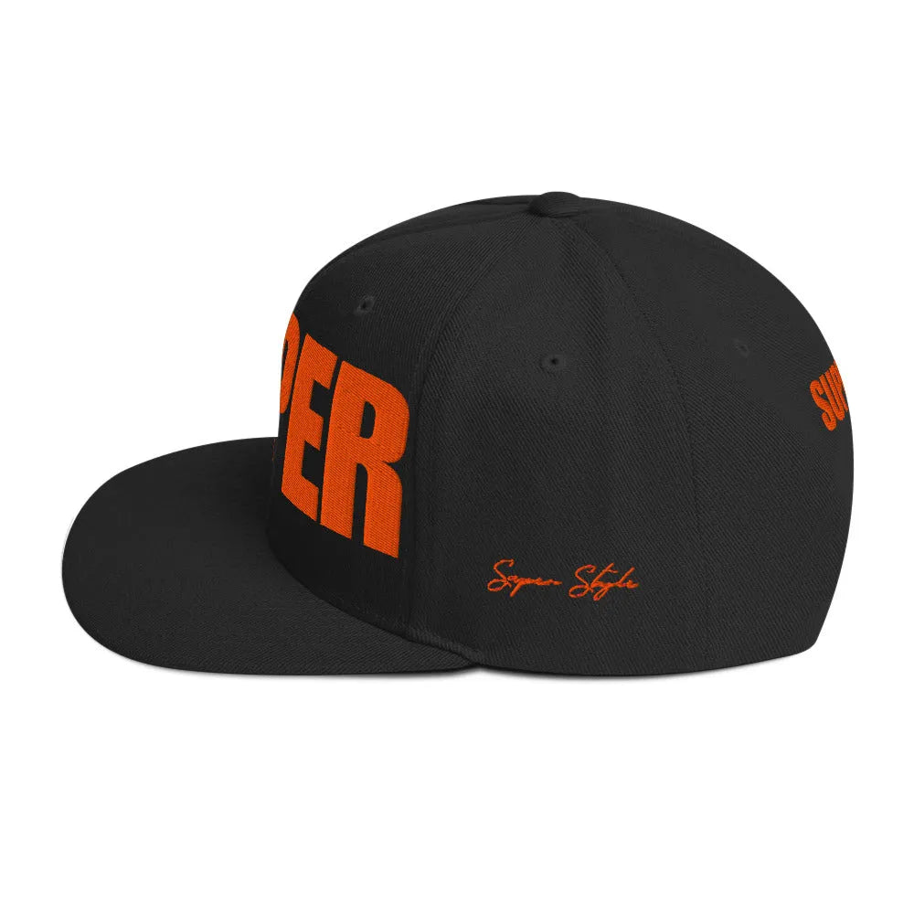 Black snapback hat showing left side panel and flat brim — side view