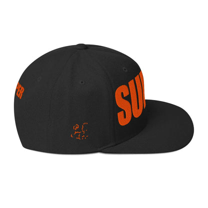 Black snapback hat showing left side panel and flat brim — side view